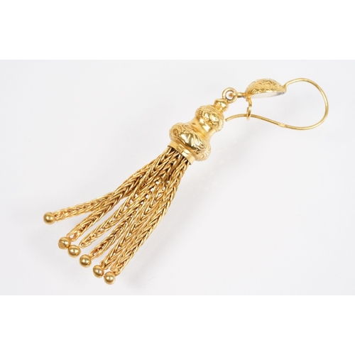 34 - Pair of 19th Century Victorian yellow metal tassel earrings with hook fastenings. Marked 9ct to hook... 