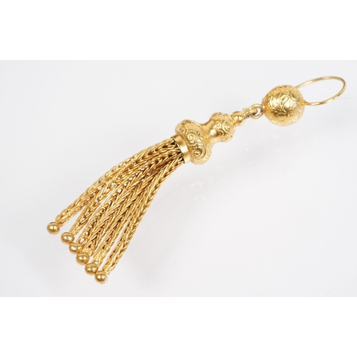 34 - Pair of 19th Century Victorian yellow metal tassel earrings with hook fastenings. Marked 9ct to hook... 