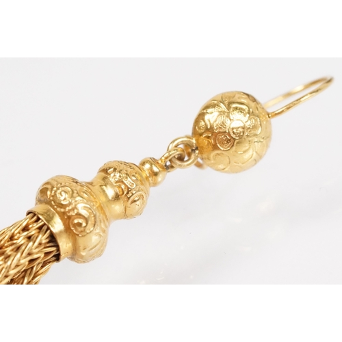34 - Pair of 19th Century Victorian yellow metal tassel earrings with hook fastenings. Marked 9ct to hook... 