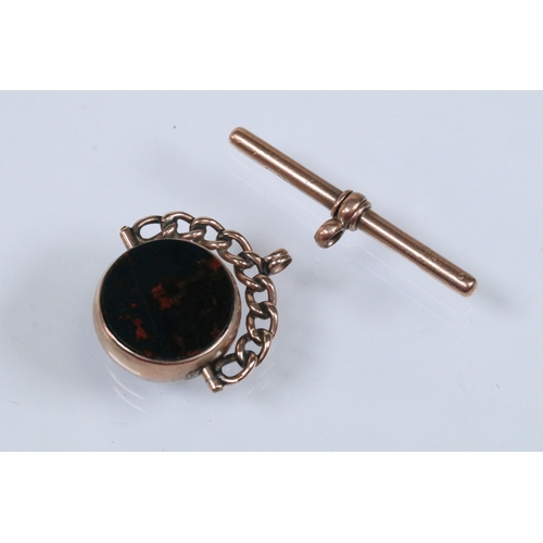 128 - 9ct gold Victorian bloodstone and onyx swivel fob (hallmarked Birmingham 1898) together with a 9ct g... 