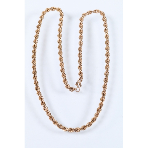 145 - Two gold necklaces to include a rope twist necklace (clasp missing, hallmarked to jump link, measure... 