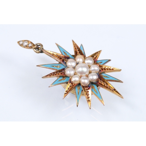 176 - 19th century Victorian half pearl and enamel mourning locket in the form of a star with a cluster of... 