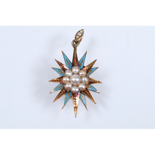 176 - 19th century Victorian half pearl and enamel mourning locket in the form of a star with a cluster of... 