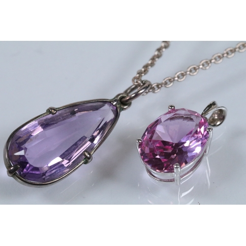 178 - Silver and amethyst pendant necklace having a toggle clasp, together with a silver and synthetic pin... 