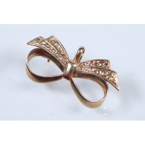 59 - 9ct gold bow brooch with pendant bale with engraved details (hallmarked Birmingham 1970), together w... 