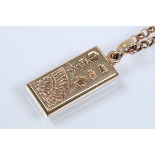 126 - 9ct gold ingot pendant set to a belcher link chain. Ingot hallmarked Birmingham 2000. Chain hallmark... 