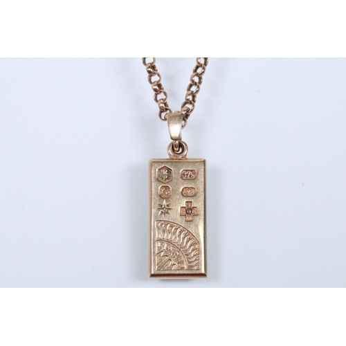 126 - 9ct gold ingot pendant set to a belcher link chain. Ingot hallmarked Birmingham 2000. Chain hallmark... 