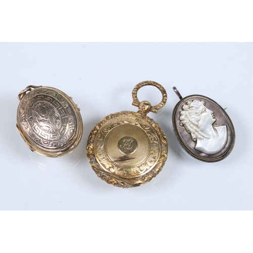 140 - Two 19th Century gold plated lockets to include an engine turned and engraved locket with woven hair... 