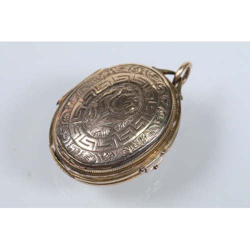 140 - Two 19th Century gold plated lockets to include an engine turned and engraved locket with woven hair... 