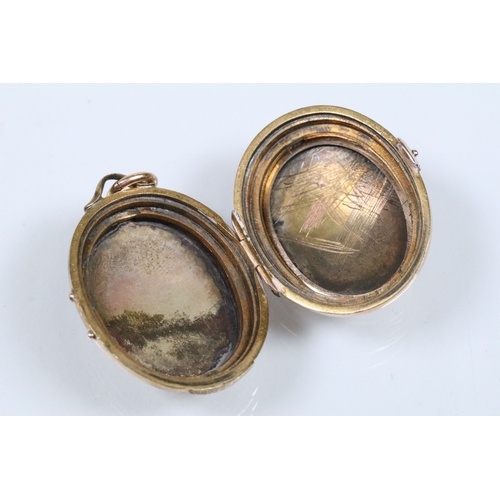 140 - Two 19th Century gold plated lockets to include an engine turned and engraved locket with woven hair... 