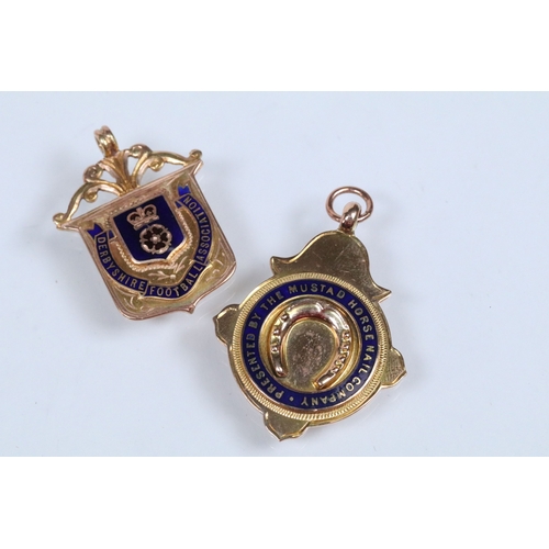 134 - Two 9ct gold and enamel sporting medals to include a Derbyshire Football Association runners up meda... 