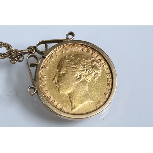 165 - 1876 Victorian full sovereign coin set into a 9ct gold mount with rope twist necklace chain and spri... 