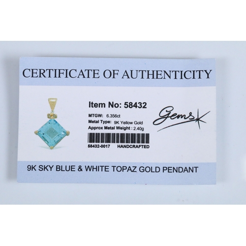 166 - 9ct gold and topaz pendant set with a square step cut topaz in a prong setting. Pendant hallmarked 9... 