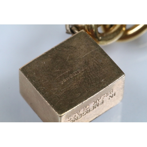 177 - Vintage rolled gold charm bracelet with a curb link chain having four 9ct gold bank note charms (all... 