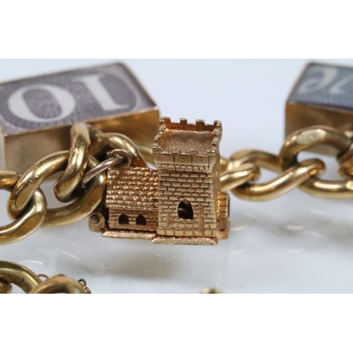 177 - Vintage rolled gold charm bracelet with a curb link chain having four 9ct gold bank note charms (all... 
