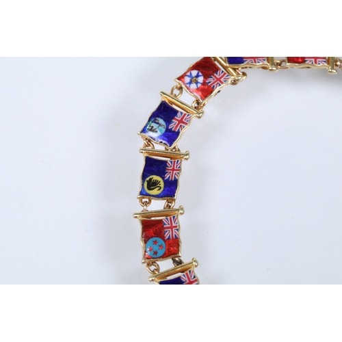 9 - 20th Century yellow metal enamelled flags of the world bracelet, each link enamelled with a flag and... 