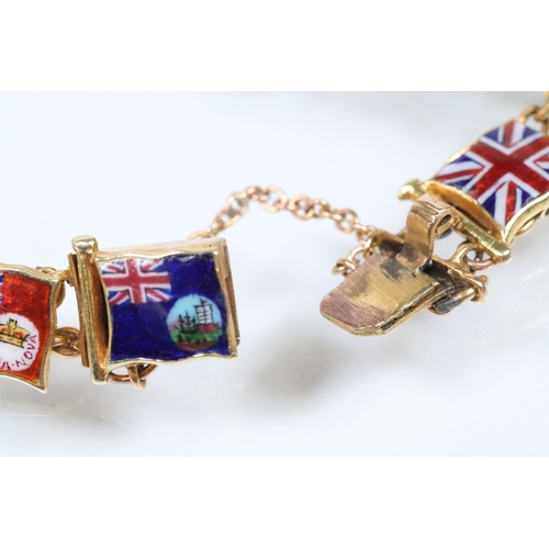 9 - 20th Century yellow metal enamelled flags of the world bracelet, each link enamelled with a flag and... 