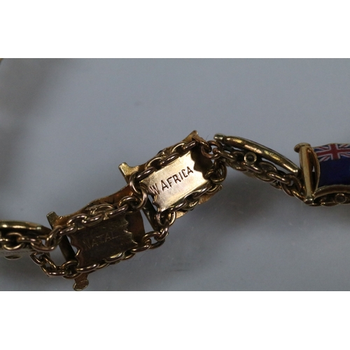 9 - 20th Century yellow metal enamelled flags of the world bracelet, each link enamelled with a flag and... 