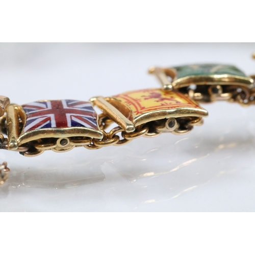9 - 20th Century yellow metal enamelled flags of the world bracelet, each link enamelled with a flag and... 