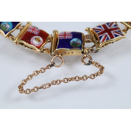 9 - 20th Century yellow metal enamelled flags of the world bracelet, each link enamelled with a flag and... 