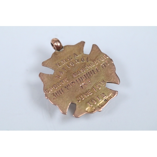 136 - Group of 9ct gold medals to include a 1912 YMCA National Sports medal (hallmarked Birmingham 1911), ... 