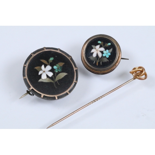 138 - Two 19th Century Pietra Dura brooches each featuring a posy together with a knot design stick pin (f... 