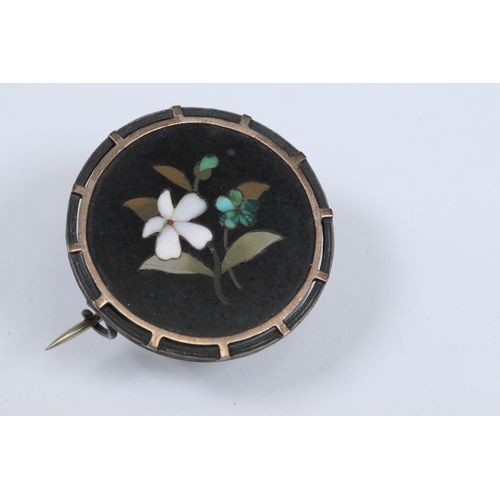 138 - Two 19th Century Pietra Dura brooches each featuring a posy together with a knot design stick pin (f... 