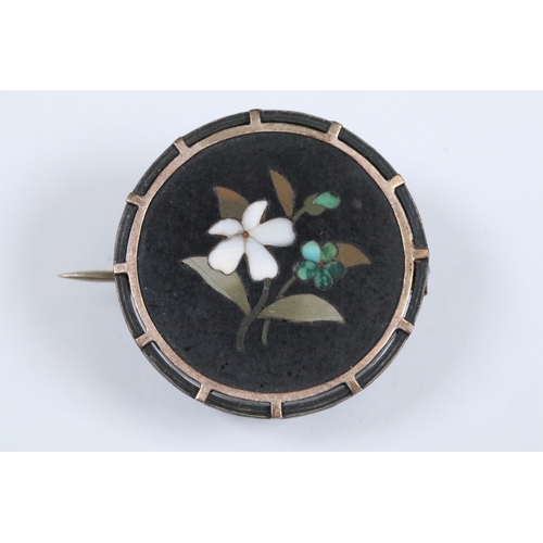 138 - Two 19th Century Pietra Dura brooches each featuring a posy together with a knot design stick pin (f... 