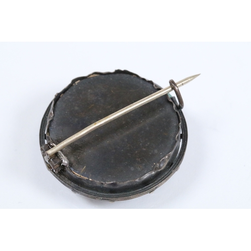 138 - Two 19th Century Pietra Dura brooches each featuring a posy together with a knot design stick pin (f... 