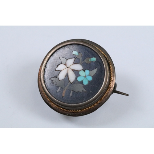 138 - Two 19th Century Pietra Dura brooches each featuring a posy together with a knot design stick pin (f... 