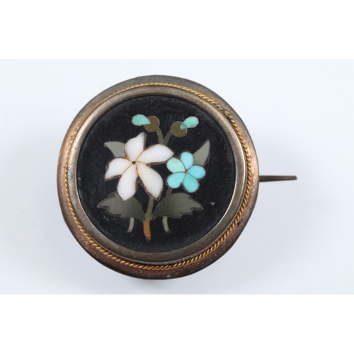 138 - Two 19th Century Pietra Dura brooches each featuring a posy together with a knot design stick pin (f... 