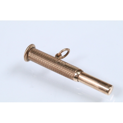 143 - 9ct gold cigar pricker having engine turned details and pendant bale. Hallmarked Birmingham 1947. Me... 