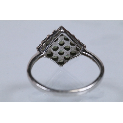 164 - 9ct white gold alexandrite cluster ring set with a diamond shaped cluster of round cut alexandrite s... 