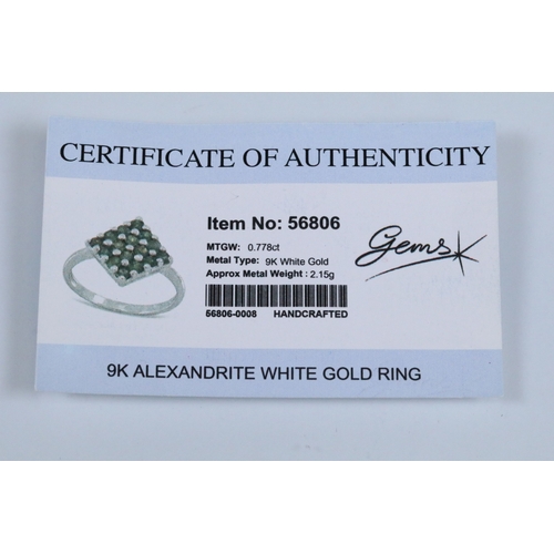 164 - 9ct white gold alexandrite cluster ring set with a diamond shaped cluster of round cut alexandrite s... 