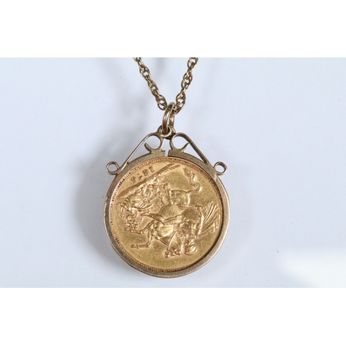 165 - 1876 Victorian full sovereign coin set into a 9ct gold mount with rope twist necklace chain and spri... 