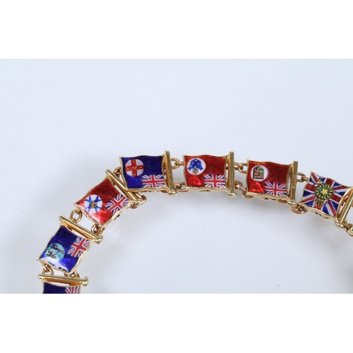 9 - 20th Century yellow metal enamelled flags of the world bracelet, each link enamelled with a flag and... 