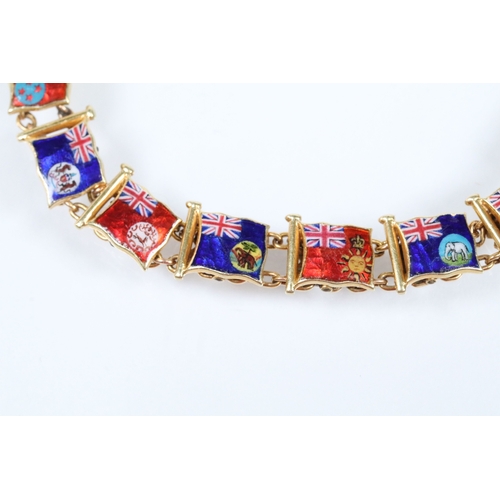9 - 20th Century yellow metal enamelled flags of the world bracelet, each link enamelled with a flag and... 