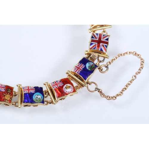 9 - 20th Century yellow metal enamelled flags of the world bracelet, each link enamelled with a flag and... 