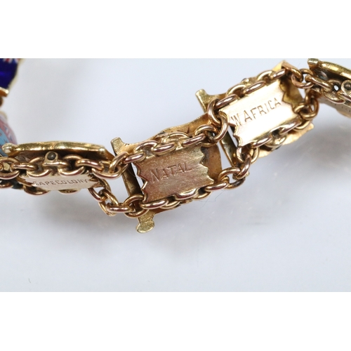 9 - 20th Century yellow metal enamelled flags of the world bracelet, each link enamelled with a flag and... 