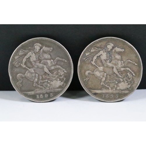 135 - Two Queen Victoria 1893 pre decimal silver full crown coins.