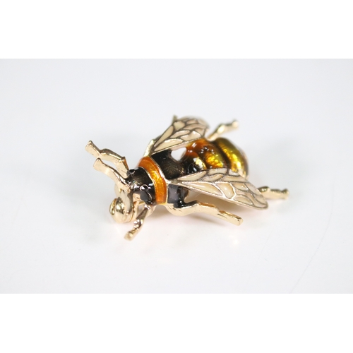 198 - Large enamel bee brooch, 4cm long, with pouch