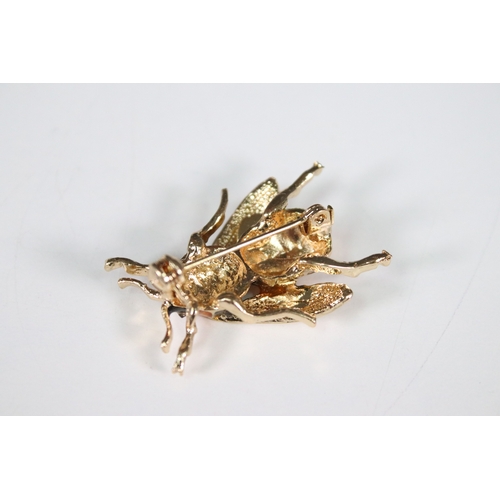 198 - Large enamel bee brooch, 4cm long, with pouch