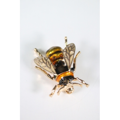 198 - Large enamel bee brooch, 4cm long, with pouch
