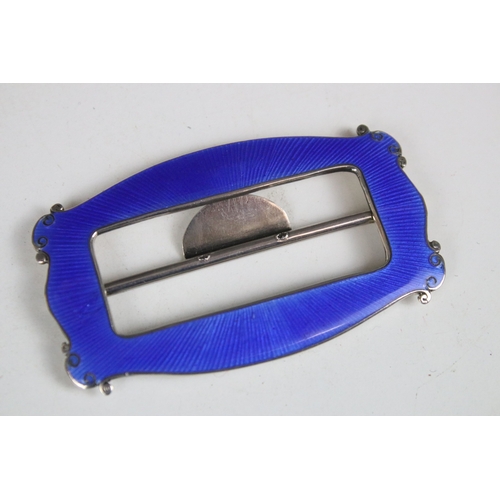 315A - Edwardian silver and royal blue guilloche enamel belt buckle with scroll corner detail, hallmarked J... 