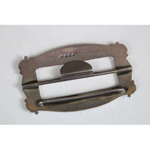 315A - Edwardian silver and royal blue guilloche enamel belt buckle with scroll corner detail, hallmarked J... 