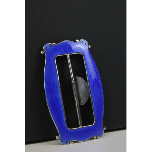 315A - Edwardian silver and royal blue guilloche enamel belt buckle with scroll corner detail, hallmarked J... 