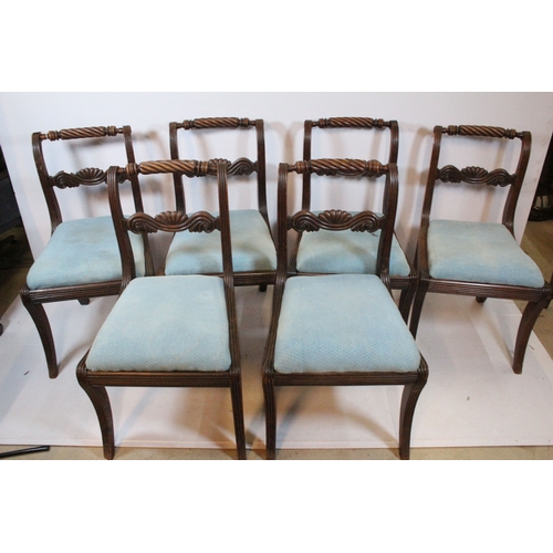 673 - Set of six Victorian mahogany framed dining chairs, having twisted fluted top rail upon shell shaped... 