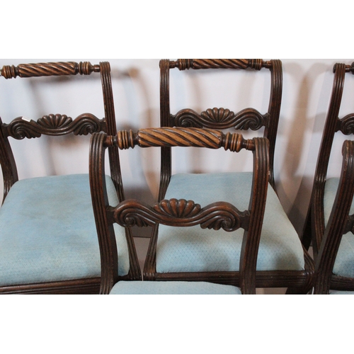 673 - Set of six Victorian mahogany framed dining chairs, having twisted fluted top rail upon shell shaped... 
