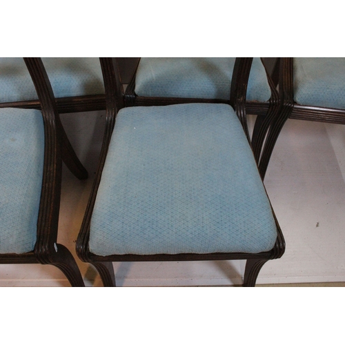 673 - Set of six Victorian mahogany framed dining chairs, having twisted fluted top rail upon shell shaped... 