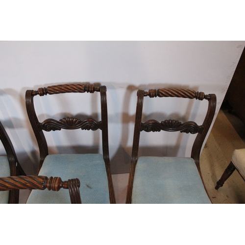 673 - Set of six Victorian mahogany framed dining chairs, having twisted fluted top rail upon shell shaped... 